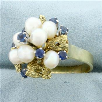 Vintage Sapphire and Akoya Pearl Cocktail Ring in 14K Yellow Gold