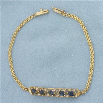 Vintage Sapphire and Diamond Bar Bracelet in 14K Yellow Gold