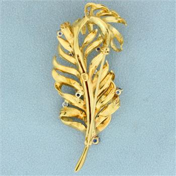 Vintage Sapphire and Diamond Feather Brooch in 18K Yellow Gold