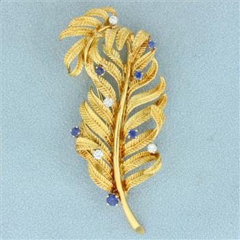 Vintage Sapphire and Diamond Feather Brooch in 18K Yellow Gold