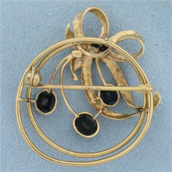 Vintage Sapphire Bow Design Brooch in 14K Yellow Gold