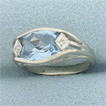 Vintage Sky Blue Topaz and Diamond Filigree Ring in 10k White Gold
