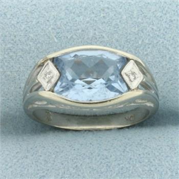 Vintage Sky Blue Topaz and Diamond Filigree Ring in 10k White Gold