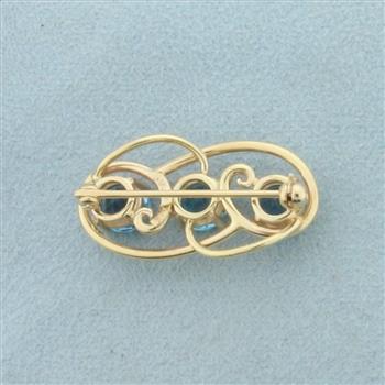 Vintage Swiss Blue Topaz 3 Stone Pin Brooch in 14k Yellow Gold
