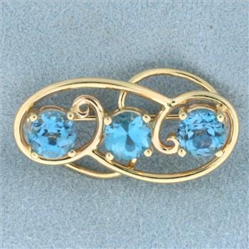 Vintage Swiss Blue Topaz 3 Stone Pin Brooch in 14k Yellow Gold