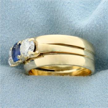 Vintage Three Stone Sapphire and Diamond Wedding or Anniversary Ring in 14k Yellow Gold