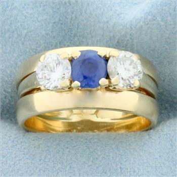 Vintage Three Stone Sapphire and Diamond Wedding or Anniversary Ring in 14k Yellow Gold