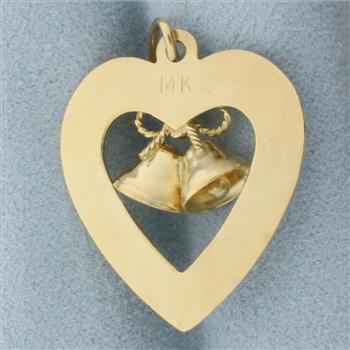 Wedding or Anniversary Bells Heart Pendant or Charm in 14k Yellow Gold