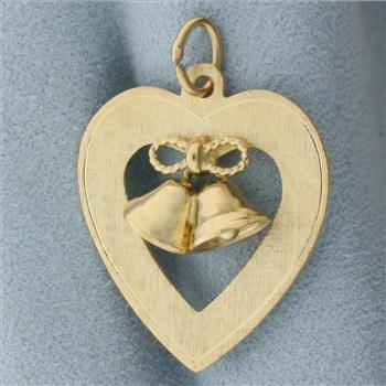 Wedding or Anniversary Bells Heart Pendant or Charm in 14k Yellow Gold