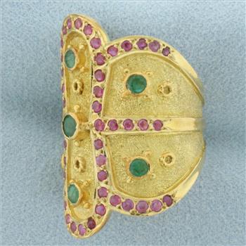 Wide Emerald and Ruby Ring in 18k Yellow Gold
