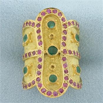 Wide Emerald and Ruby Ring in 18k Yellow Gold