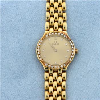 Womens Diamond Omega DeVille Watch in 18k Yellow Gold