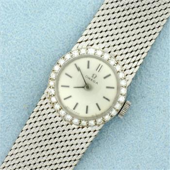Womens Vintage Manual Wind Omega Wrist Watch In Solid 18K White Gold