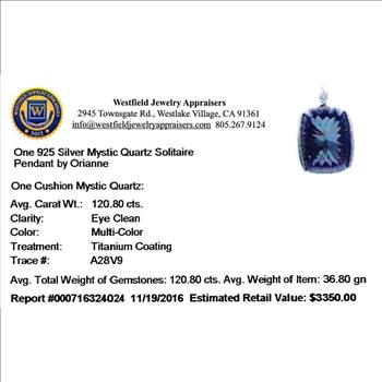 120.80ct Cushion Mystic Quartz Pendant/Necklace