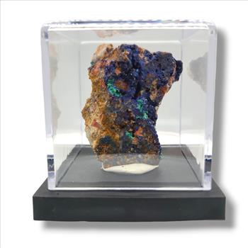 Azurite and Malachite Specimen on Quartz in Display Case
