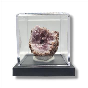 Delicate Pink Amethyst Geodes from Patagonia in Display Case
