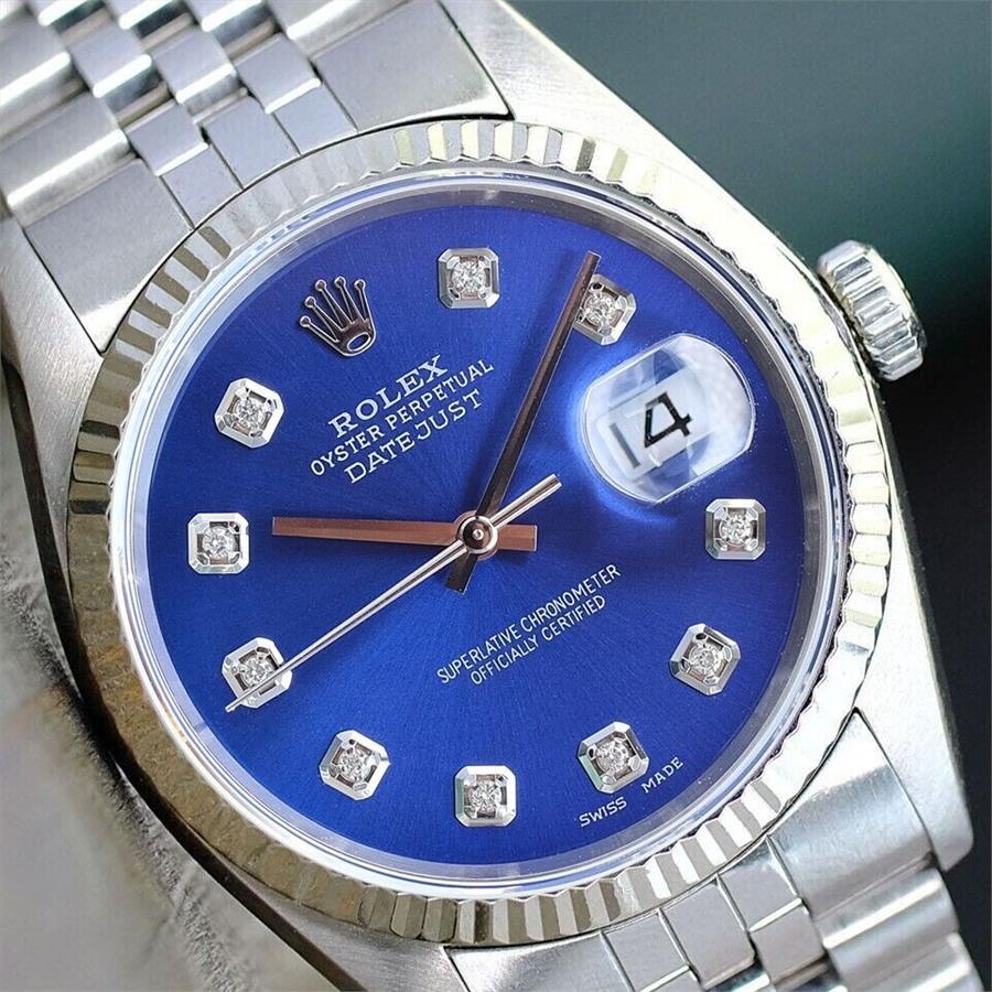 ROLEX MENS WATCH DATEJUST STEEL BLUE DIAMOND DIAL FLUTED BEZEL 36MM