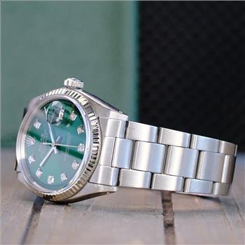 ROLEX MENS DATEJUST GOLD STEEL GREEN DIAMOND DIAL OYSTER BAND 36MM WATCH 1601 - PREOWNED