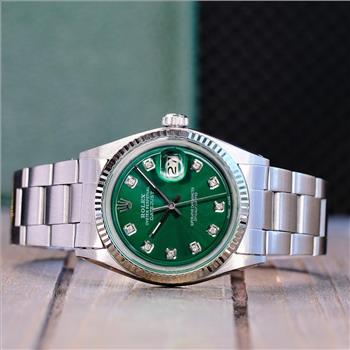 ROLEX MENS DATEJUST GOLD STEEL GREEN DIAMOND DIAL OYSTER BAND 36MM WATCH 1601 - PREOWNED