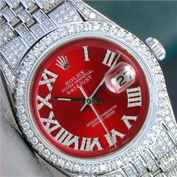 ROLEX MENS DATEJUST 36MM ICED OUT FULLY LOADED  DIAMONDS RED ROMAN DIAL WATCH - PREOWNED