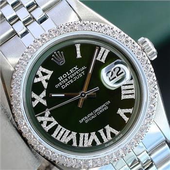 ROLEX MENS DATEJUST STEEL WATCH GREEN DIAMOND DIAL DIAMOND BEZEL 36MM 1601-PREOWNED