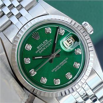 ROLEX MENS DATEJUST STAINLESS STEEL GREEN DIAMOND DIAL BEZEL 36MM WATCH 1603 - PREOWNED