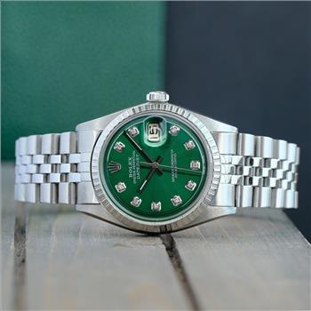 ROLEX MENS DATEJUST STAINLESS STEEL GREEN DIAMOND DIAL BEZEL 36MM WATCH 1603 - PREOWNED