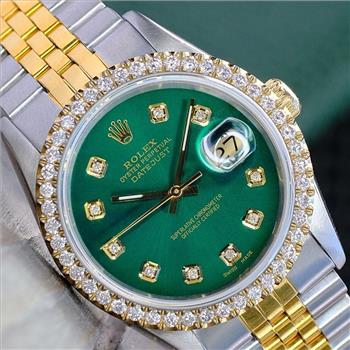 ROLEX MENS DATEJUST GOLD STEEL GREEN DIAL DIAMOND BEZEL 36MM WATCH 16233 NO HOLE - PREOWNED