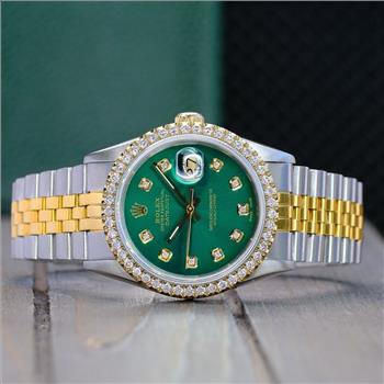 ROLEX MENS DATEJUST GOLD STEEL GREEN DIAL DIAMOND BEZEL 36MM WATCH 16233 NO HOLE - PREOWNED