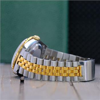 ROLEX MENS DATEJUST GOLD STEEL GREEN DIAL DIAMOND BEZEL 36MM WATCH 16233 NO HOLE - PREOWNED