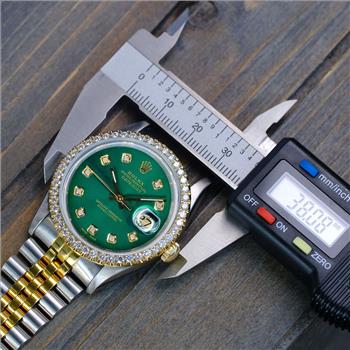 ROLEX MENS DATEJUST GOLD STEEL GREEN DIAL DIAMOND BEZEL 36MM WATCH 16233 NO HOLE - PREOWNED