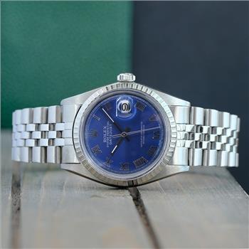 ROLEX MENS DATEJUST STAINLESS STEEL BLUE ROMAN DIAL ENGINE TURNED 36MM WATCH - PREOWNED