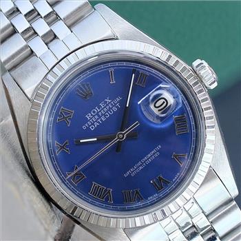 ROLEX MENS DATEJUST STAINLESS STEEL BLUE ROMAN DIAL ENGINE TURNED 36MM WATCH - PREOWNED