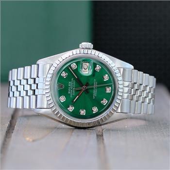 ROLEX MENS DATEJUST STAINLESS STEEL GREEN DIAMOND DIAL ENGINE TURNED 36MM WATCH - PREOWNED