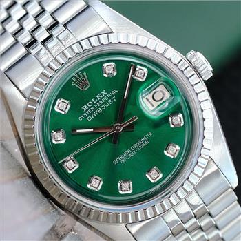 ROLEX MENS DATEJUST STAINLESS STEEL GREEN DIAMOND DIAL ENGINE TURNED 36MM WATCH - PREOWNED