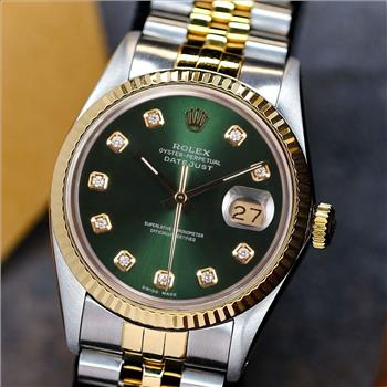 MENS ROLEX DATEJUST WATCH GOLD & STEEL GREEN DIAMOND DIAL 18KY FLUTED BEZEL 36MM-PREOWNED