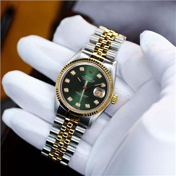 MENS ROLEX DATEJUST WATCH GOLD & STEEL GREEN DIAMOND DIAL 18KY FLUTED BEZEL 36MM-PREOWNED