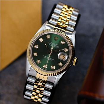 MENS ROLEX DATEJUST WATCH GOLD & STEEL GREEN DIAMOND DIAL 18KY FLUTED BEZEL 36MM-PREOWNED