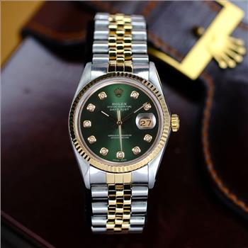 MENS ROLEX DATEJUST WATCH GOLD & STEEL GREEN DIAMOND DIAL 18KY FLUTED BEZEL 36MM-PREOWNED