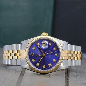 ROLEX MENS DATEJUST 16233 GOLD STEEL BLUE DIAMOND DIAL FLUTED BEZEL 36MM WATCH-PREOWNED