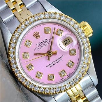 ROLEX WATCH LADIES DATEJUST 26MM GOLD STEEL PINK DIAMOND DIAL DIAMOND BEZEL-PREOWNED