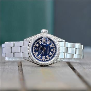 ROLEX WATCH LADIES DATEJUST STAINLESS STEEL BLUE DIAMOND DIAL BEZEL 26MM 6917-PREOWNED