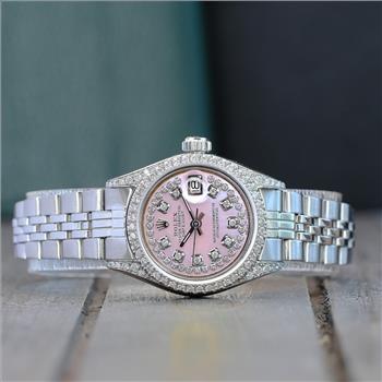 ROLEX WATCH LADIES DATEJUST STAINLESS STEEL PINK DIAMOND DIAL BEZEL 26MM -PREOWNED