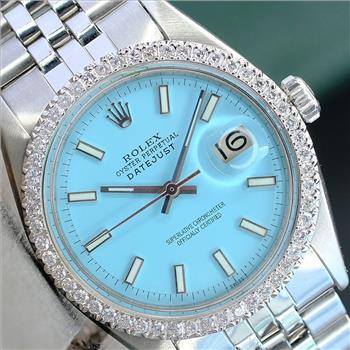 ROLEX MENS DATEJUST STEEL WATCH POWDER BLUE INDEX DIAL DIAMOND BEZEL 36MM-PREOWNED