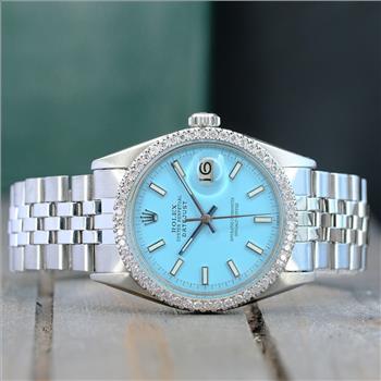 ROLEX MENS DATEJUST STEEL WATCH POWDER BLUE INDEX DIAL DIAMOND BEZEL 36MM-PREOWNED
