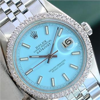 ROLEX MENS DATEJUST STEEL WATCH POWDER BLUE INDEX DIAL DIAMOND BEZEL 36MM-PREOWNED