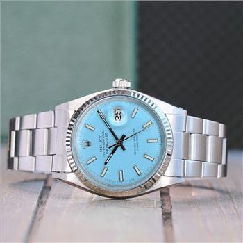 ROLEX MENS DATEJUST GOLD STEEL POWDER BLUE DIAL OYSTER BAND 36MM WATCH 1601 - PREOWNED
