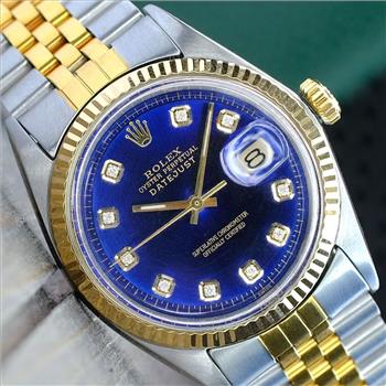 ROLEX MENS DATEJUST GOLD STEEL BLUE DIAMOND DIAL JUBILEE 36MM WATCH - PREOWNED