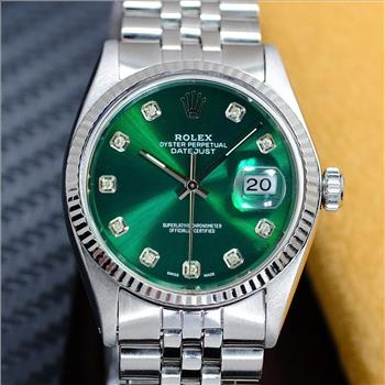 MEN'S ROLEX WATCH DATEJUST STEEL GREEN DIAMOND DIAL FLUTED BEZEL 36MM AUTOMATIC-PREOWNED