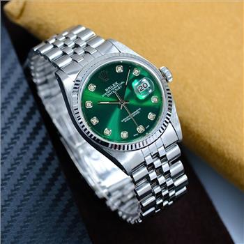 MEN'S ROLEX WATCH DATEJUST STEEL GREEN DIAMOND DIAL FLUTED BEZEL 36MM AUTOMATIC-PREOWNED